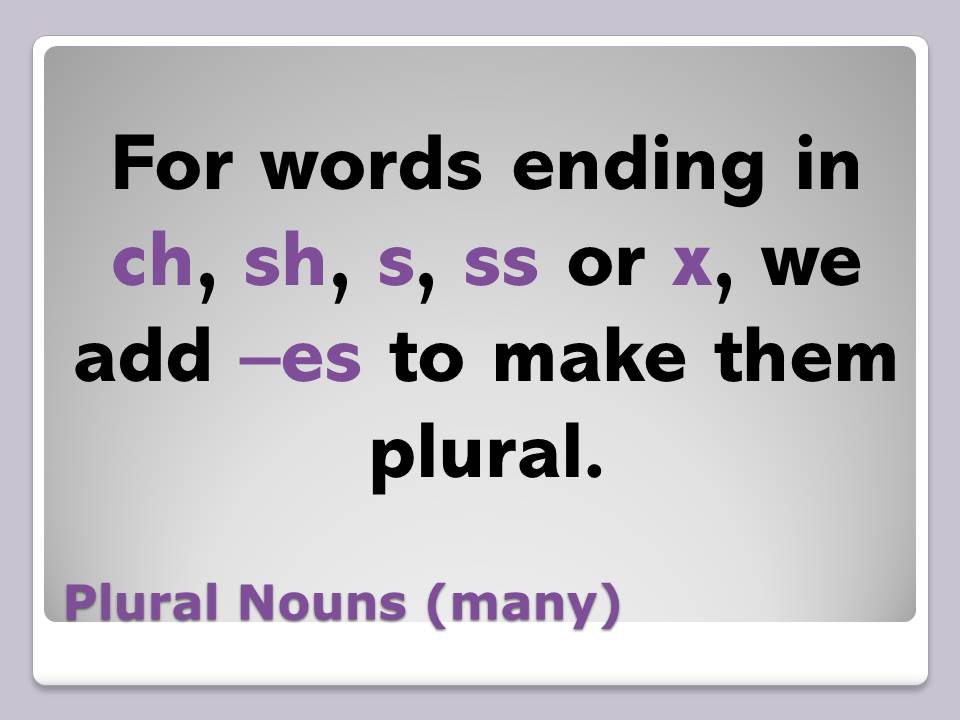 Plural Nouns: add -es to words ending in ch, sh, s, ss and x - box seat